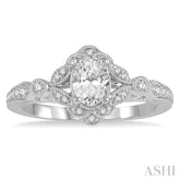 5/8 Ctw Lattice Oval and Round Cut Diamond Ladies Engagement Ring with 3/8 Ct Oval Cut Center Stone in 14K White Gold
